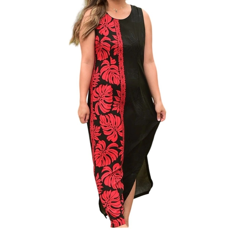 Hilo Hattie Prince Kuhio Black Red Rayon Piping Neck Long Maxi Dress Womens 2XL